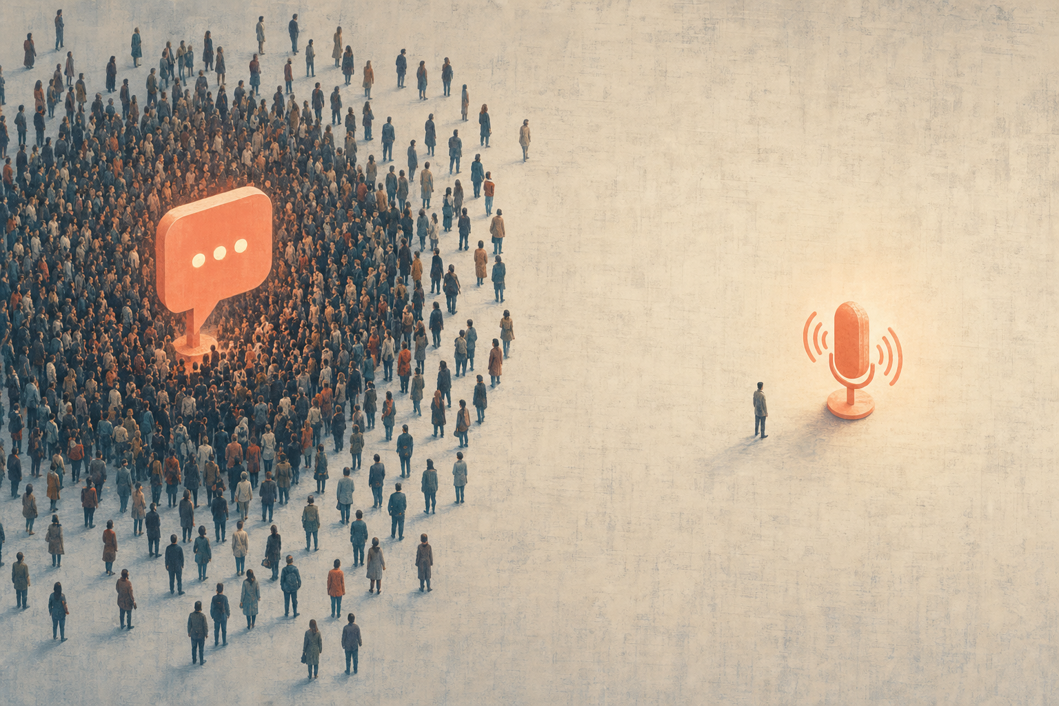 A large crowd gathered around a glowing chat bubble beside a nearly empty space around a microphone.