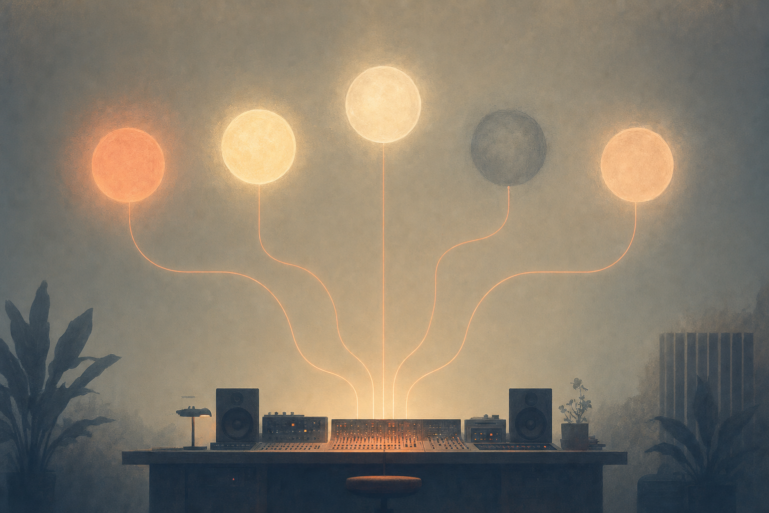 Five voice-engine orbs feeding one studio console, with light rerouting around a single dimmer orb.
