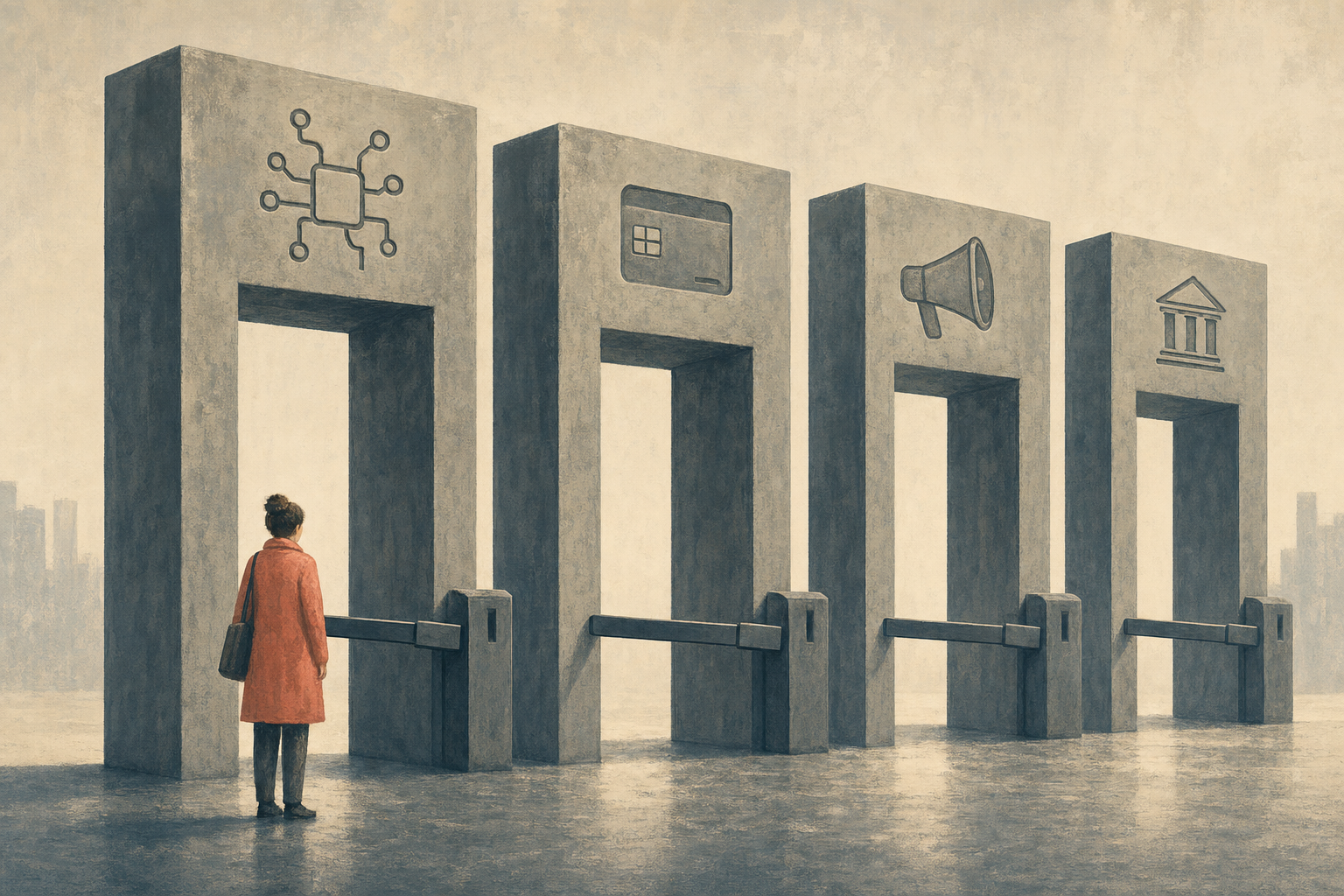 Four gates labeled for AI tools, payment processors, ad networks, and banks, each turning the same lawful business away.