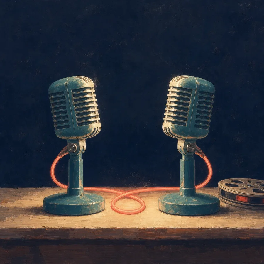 Two identical painted microphones joined by a glowing cable