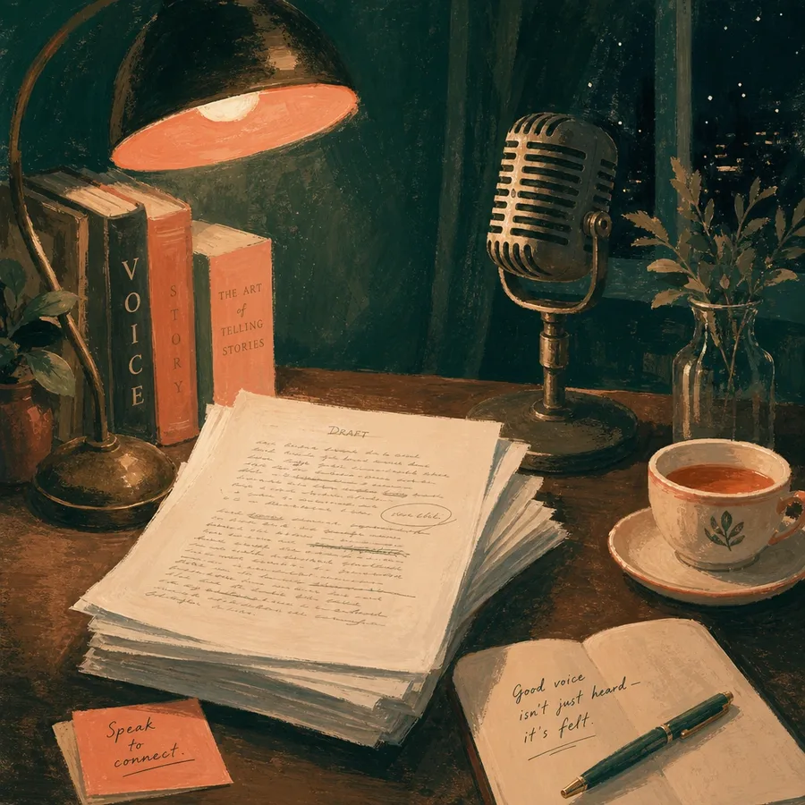 Painted writer's desk at night with a vintage microphone
