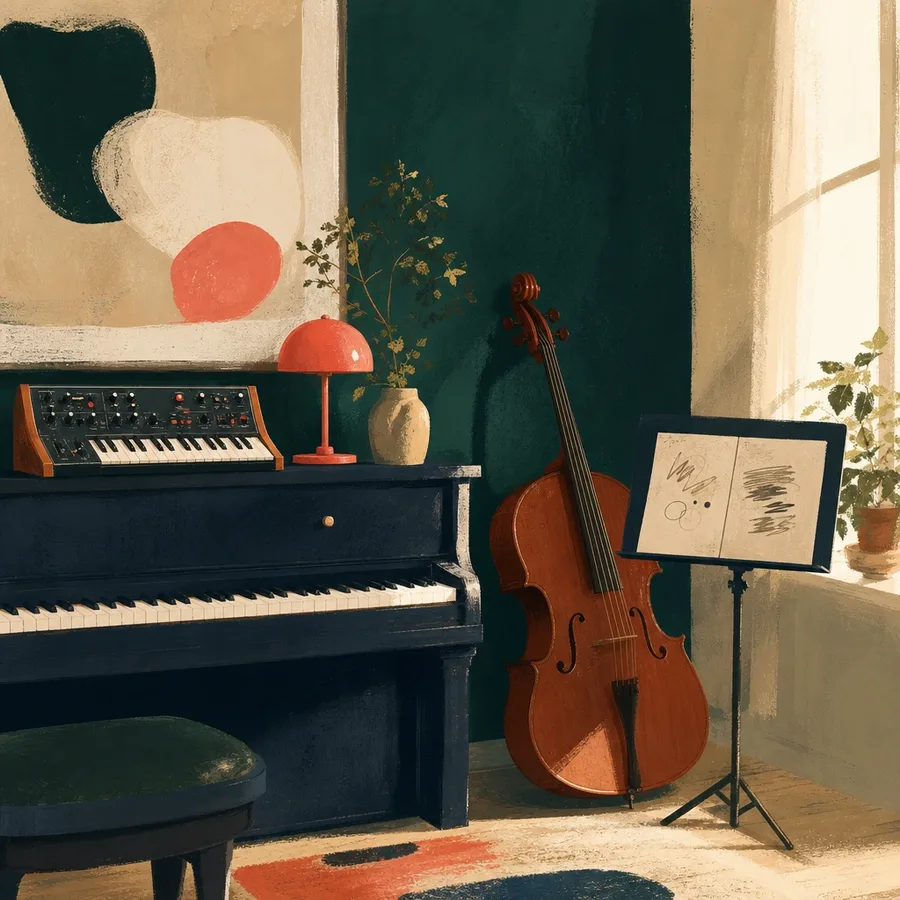 Painted music corner with a piano, synth, and cello
